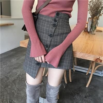 高腰不規則格子半身裙