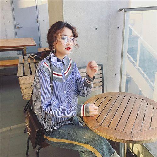 韓范寬松豎條紋襯衫